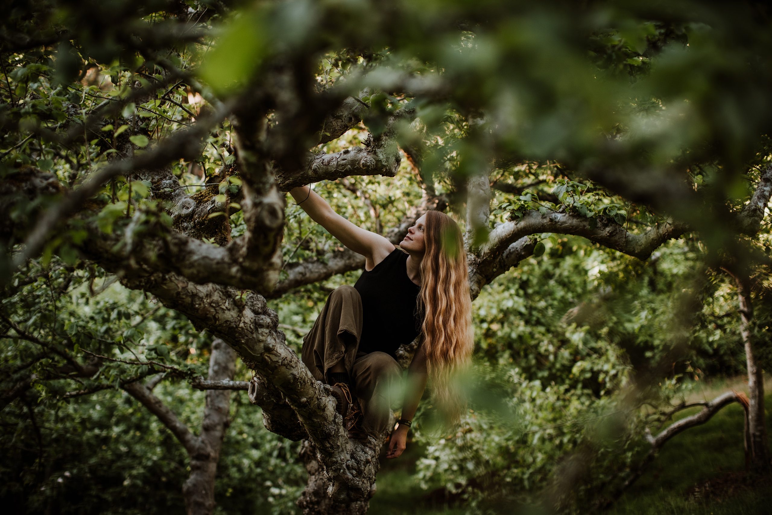 lady with red hair hanging in a tree